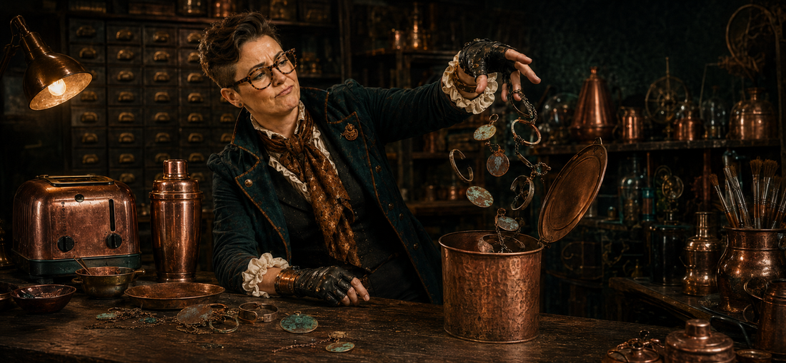 The Copperologist discarding dull, tarnished copper jewellery into a copper bin beside her copper toaster and cocktail shaker.
