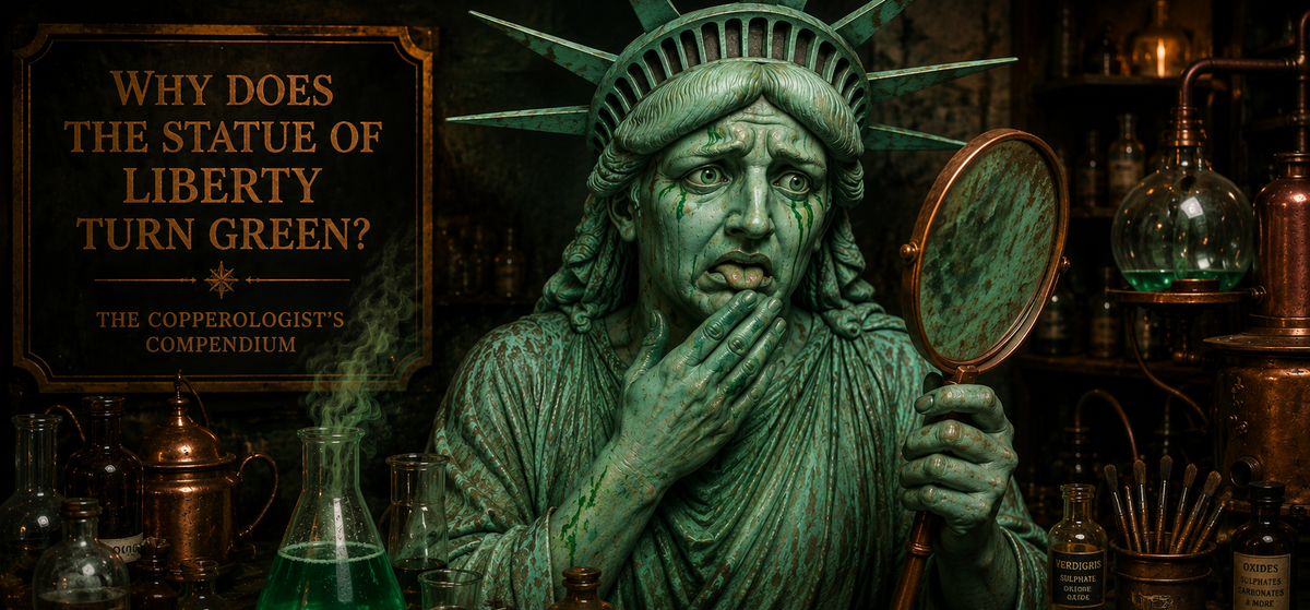 Illustration of the Statue of Liberty turning green from copper patina