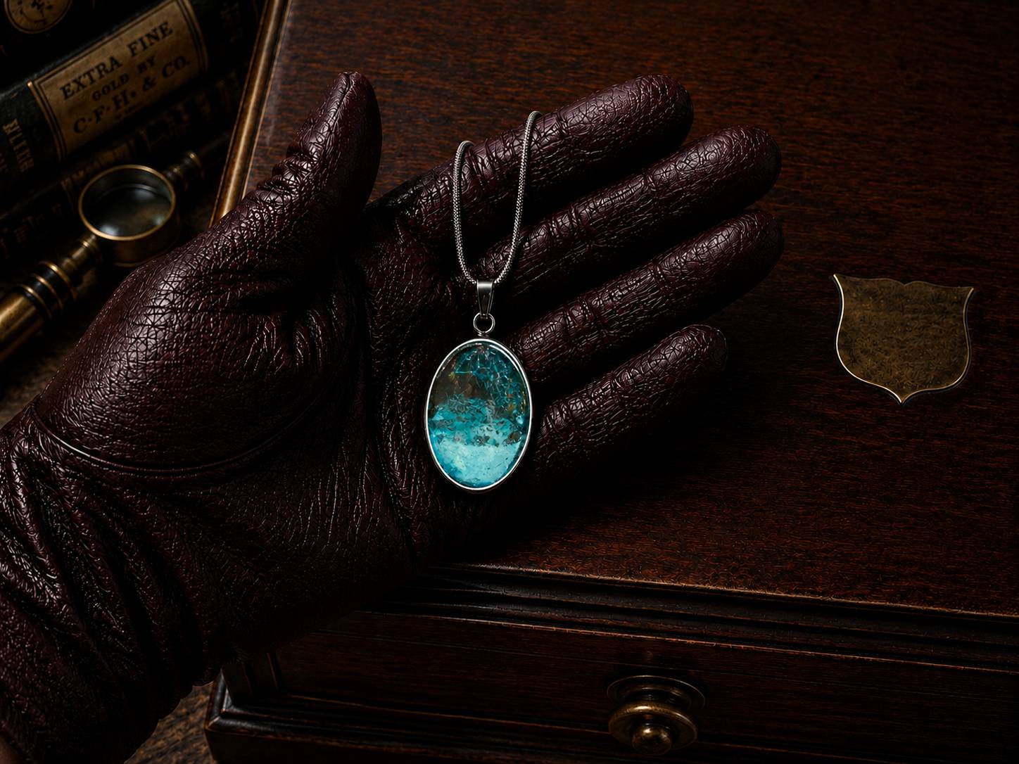 Leather-gloved hand holding The Torchbearer Twelve Azure Artefact, a one-of-a-kind wearable copper pendant necklace with turquoise verdigris, bronze copper and seascape-inspired formations.