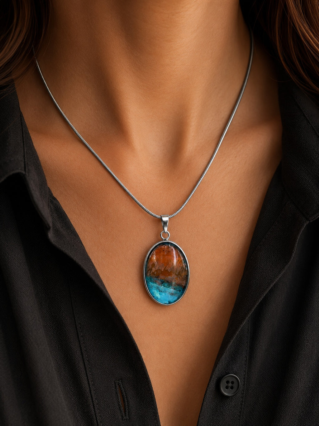 The Copperologist Breaking Shore wearable copper specimen pendant shown worn on an 18-inch stainless steel chain.