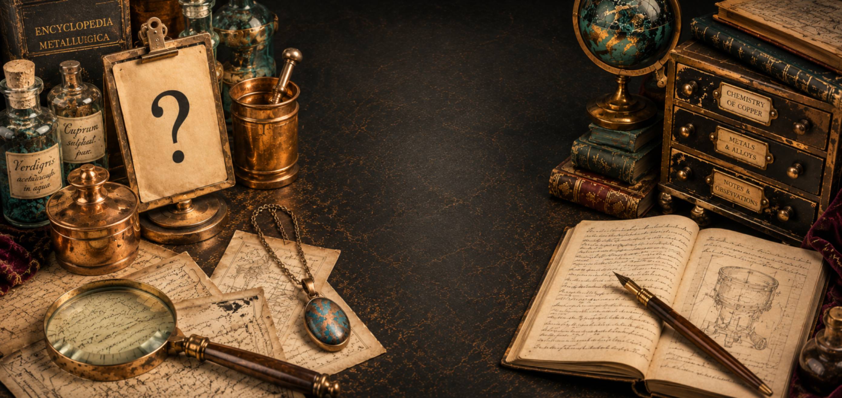 Antique Copperologist study featuring copper chemistry bottles, scientific instruments, handwritten notes, a magnifying glass and a one-of-a-kind preserved copper specimen necklace surrounding a dark central workspace.