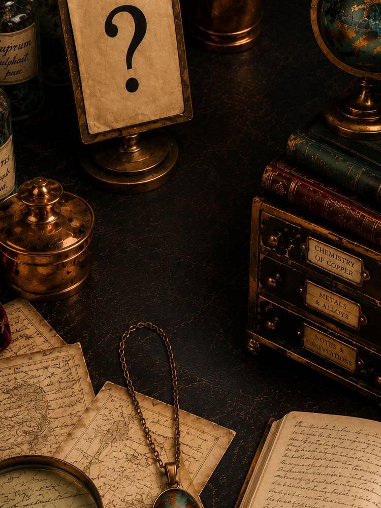 Antique Copperologist study featuring copper chemistry bottles, scientific instruments, handwritten notes, a magnifying glass and a one-of-a-kind preserved copper specimen necklace surrounding a dark central workspace.