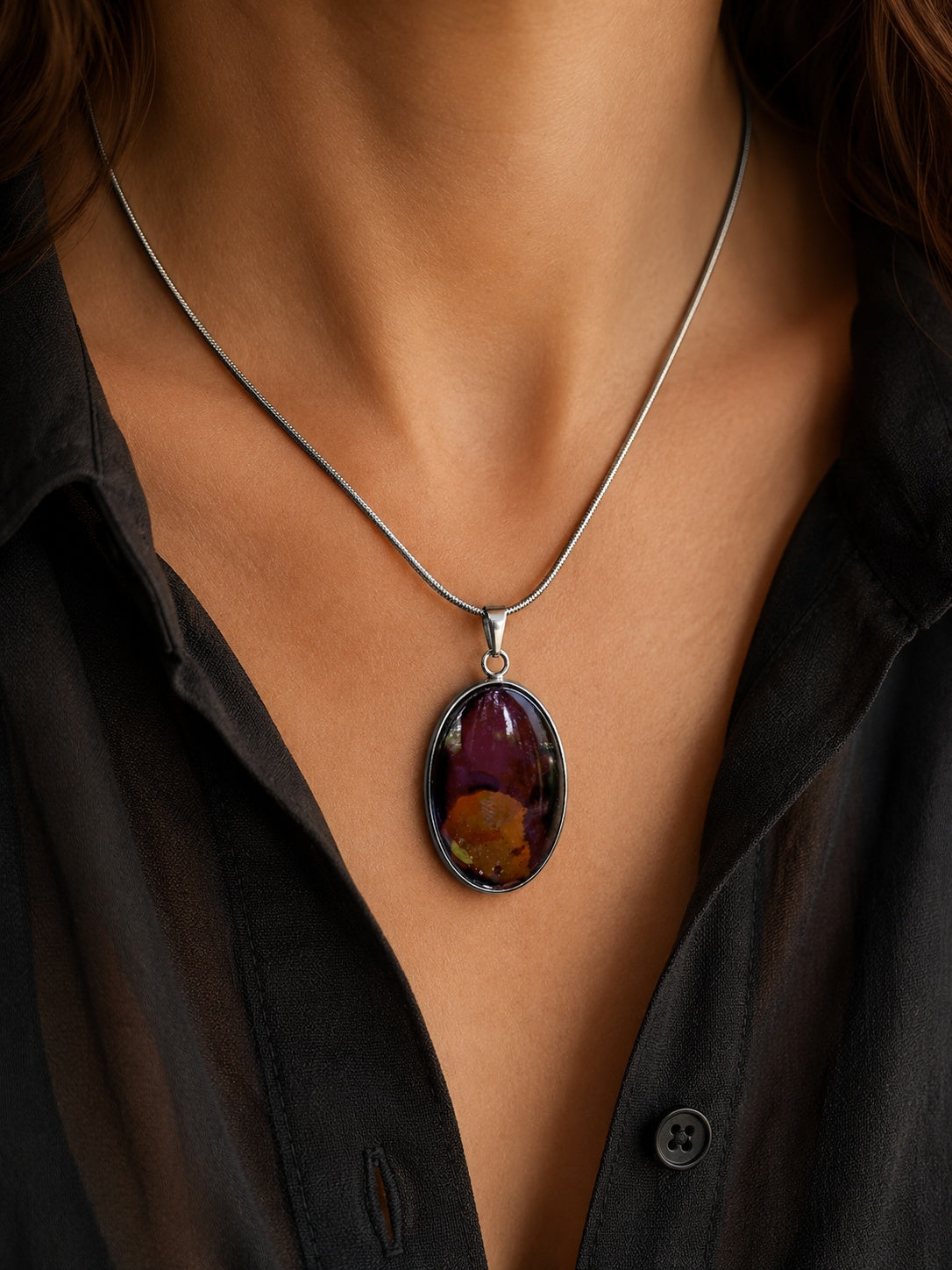 The Copperologist Furnace Ember wearable copper specimen pendant shown worn on an 18-inch stainless steel chain.