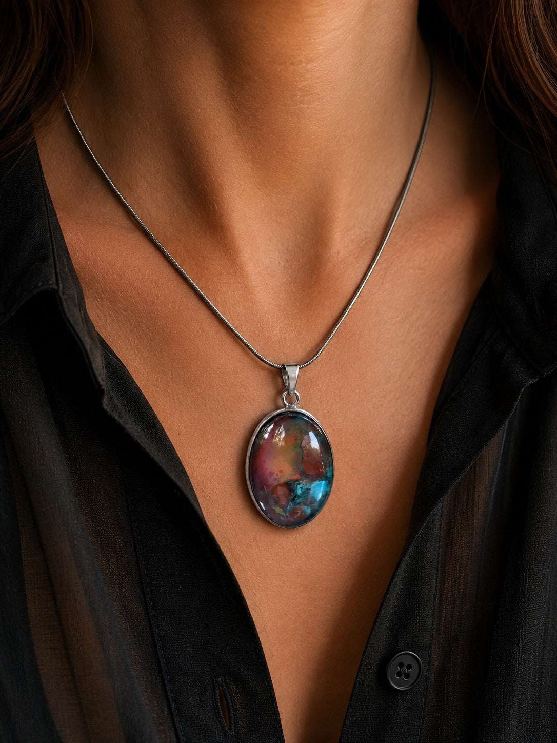 The Copperologist Redwater Relic wearable copper specimen pendant shown worn on an 18-inch stainless steel chain.