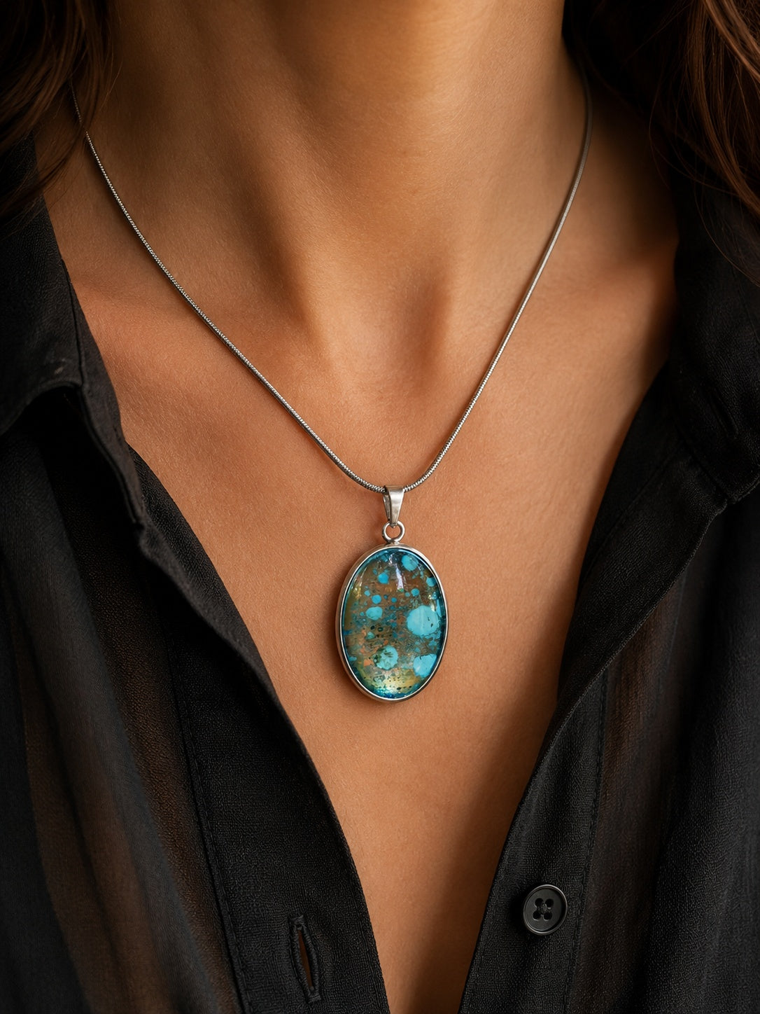 The Copperologist Rockpool Revisited wearable copper specimen pendant shown worn on an 18-inch stainless steel chain.