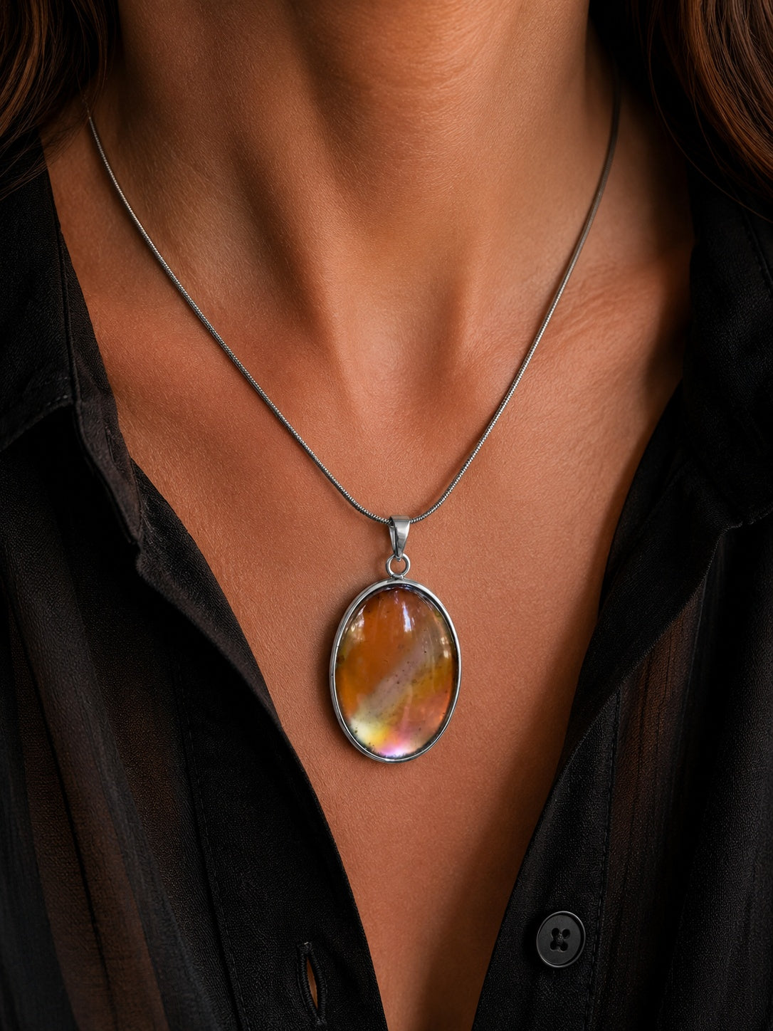 The Copperologist Smuggler's Lantern wearable copper specimen pendant shown worn on an 18-inch stainless steel chain.