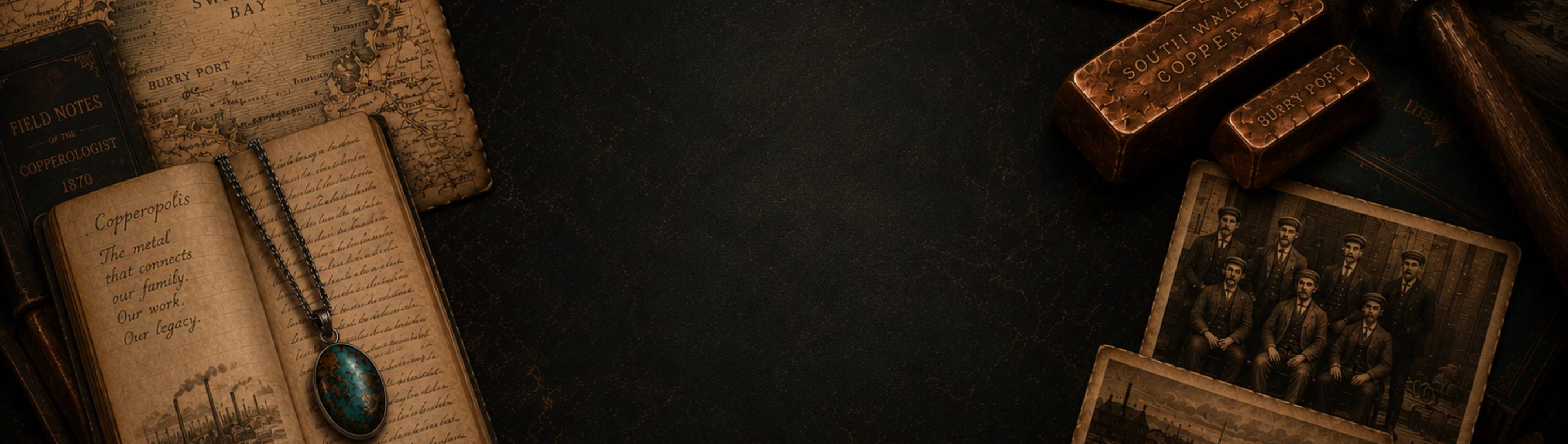 Antique map of South Wales, family photographs, copper ingots, traditional tools, field notebooks and a one-of-a-kind preserved copper specimen necklace arranged to celebrate four generations of copper making, with a dark central area for the page title.