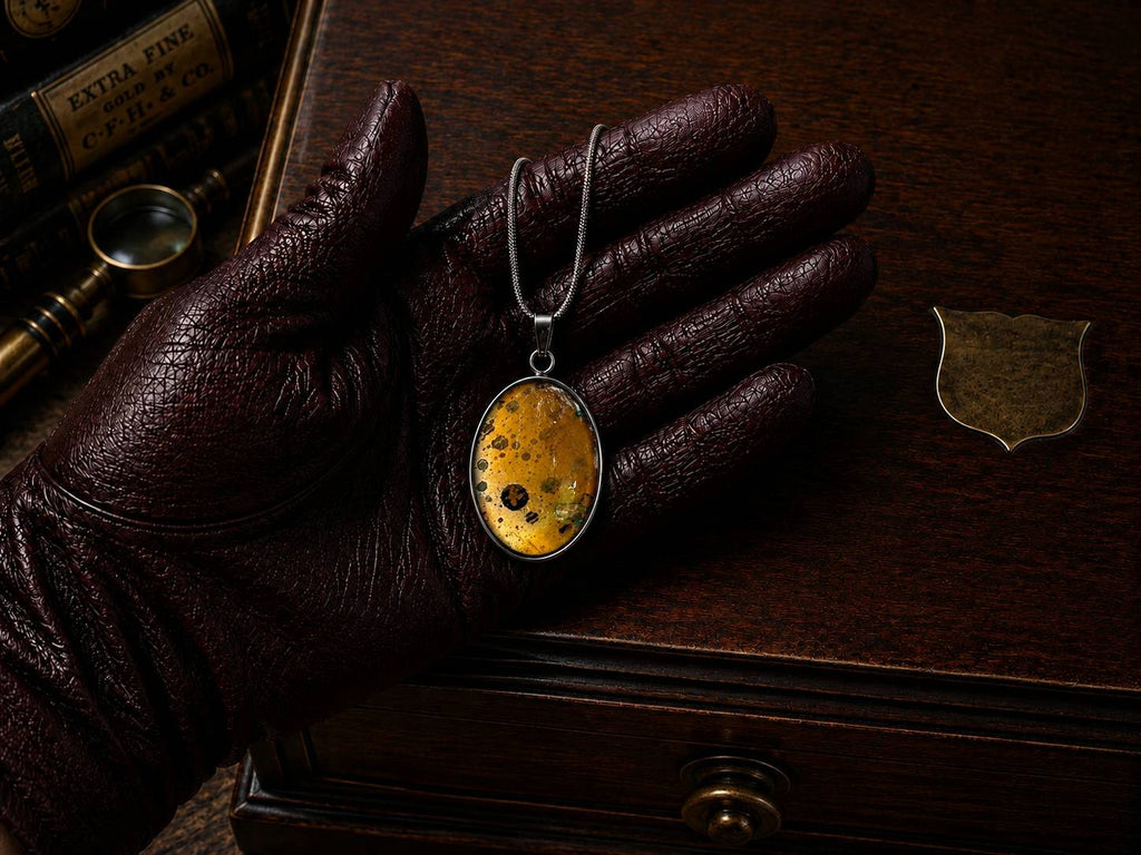 Wayfinder’s Gold one-of-a-kind copper art pendant necklace displayed on a leather-gloved hand