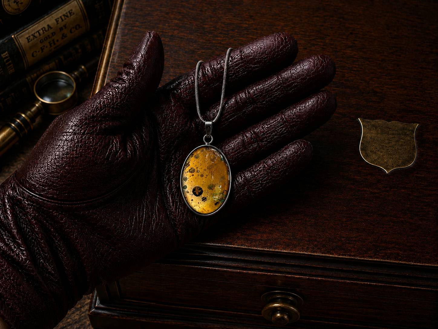 Wayfinder’s Gold one-of-a-kind copper art pendant necklace displayed on a leather-gloved hand