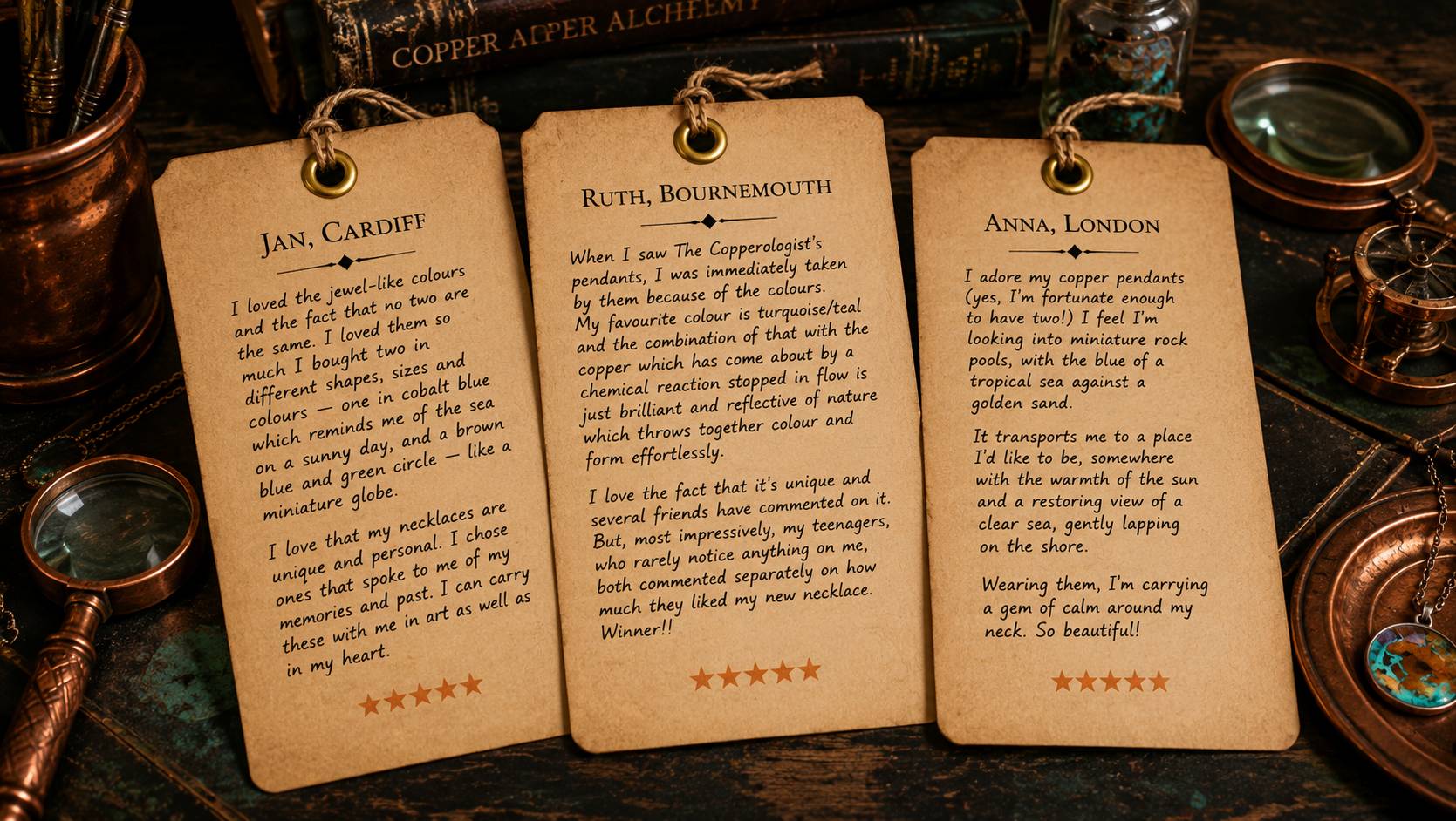 Founding collector comments for The Copperologist displayed on specimen tags in a cabinet of curiosities, featuring reviews from collectors of one-of-a-kind wearable copper specimen necklaces inspired by museum collections and curiosity cabinets.