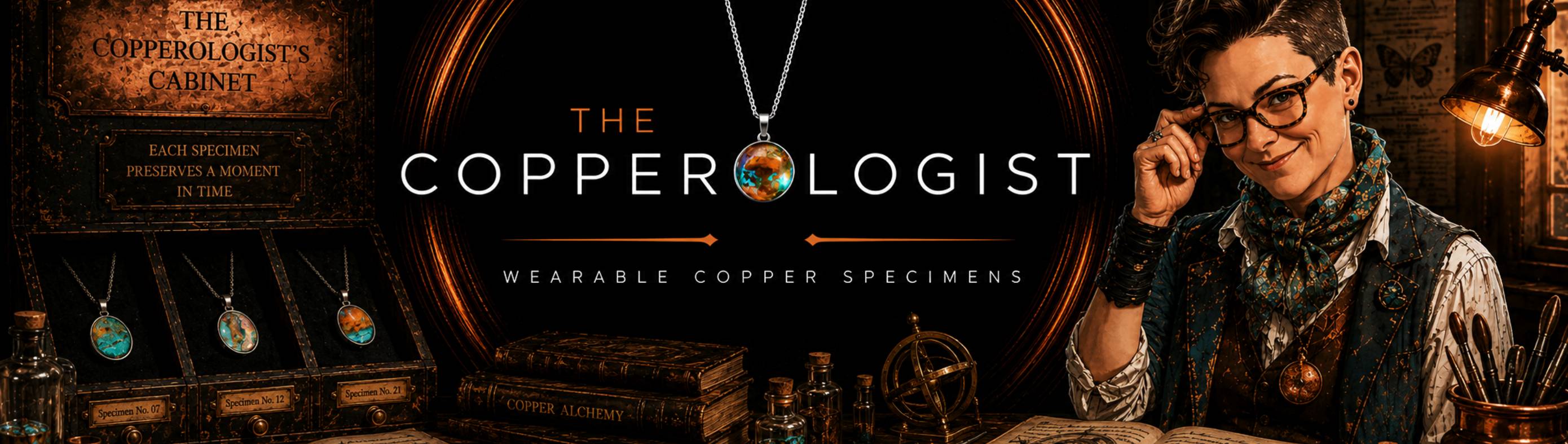 The Copperologist in her cabinet of curiosities workshop surrounded by one-of-a-kind wearable copper specimens, collector's cabinets and scientific instruments.