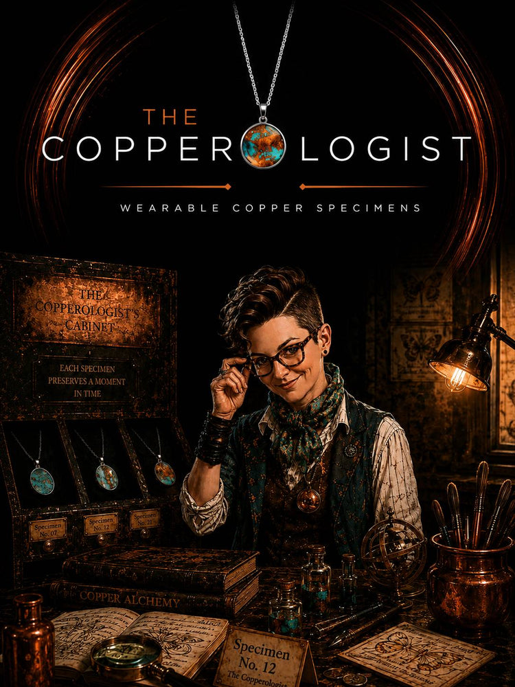 The Copperologist in her Cabinet of Curiosities, surrounded by one-of-a-kind wearable copper specimen necklaces inspired by museum collections and curiosity cabinets, with permanently preserved copper jewellery displayed in handcrafted collector drawers.