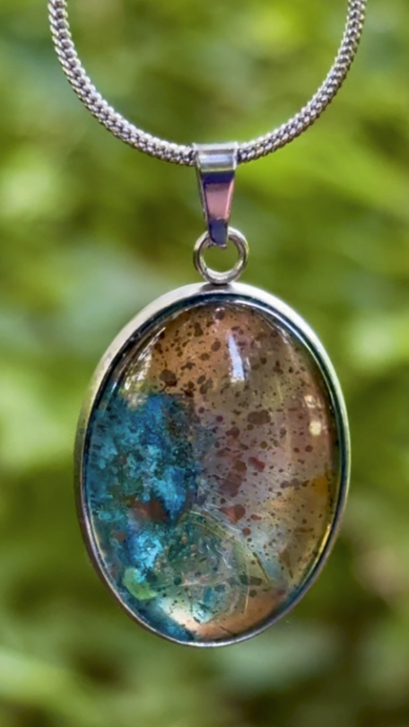 Torchbearer Twelve Specimen Five wearable copper specimen pendant featuring luminous verdigris blues, pale mineral greens and weathered yellow copper tones formed through natural transformation.