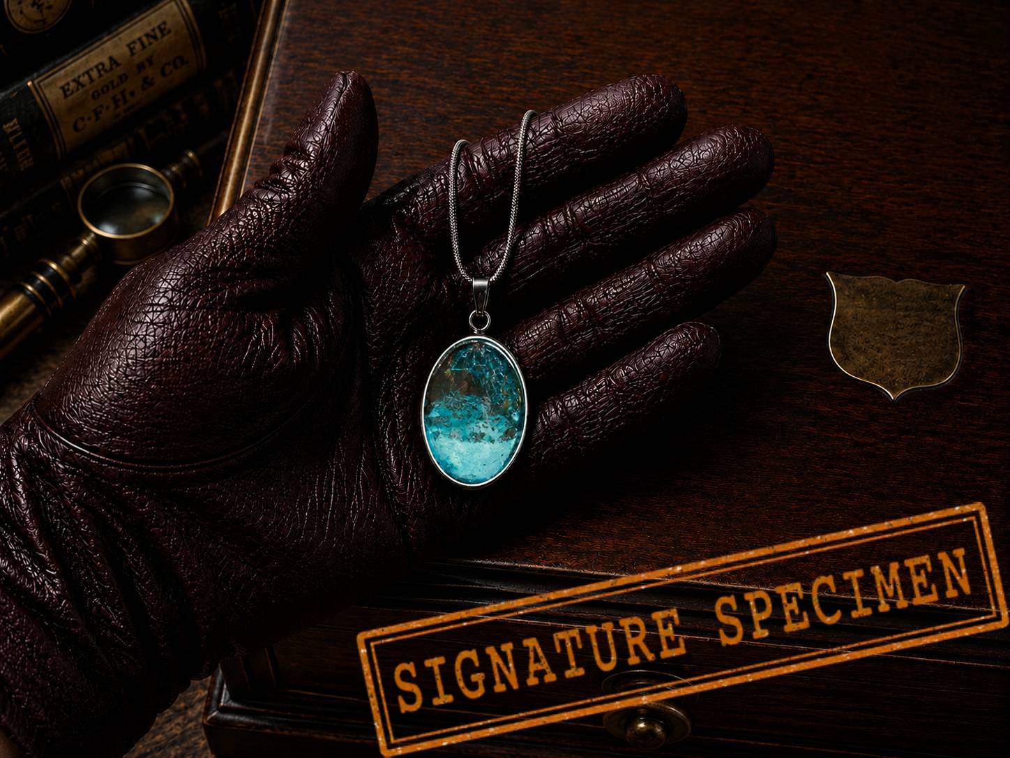 wearable copper specimen pendant displaying intense turquoise colouration and intricate crystalline textures developed through proprietary alchemical processes. For a collector who loves the sea.