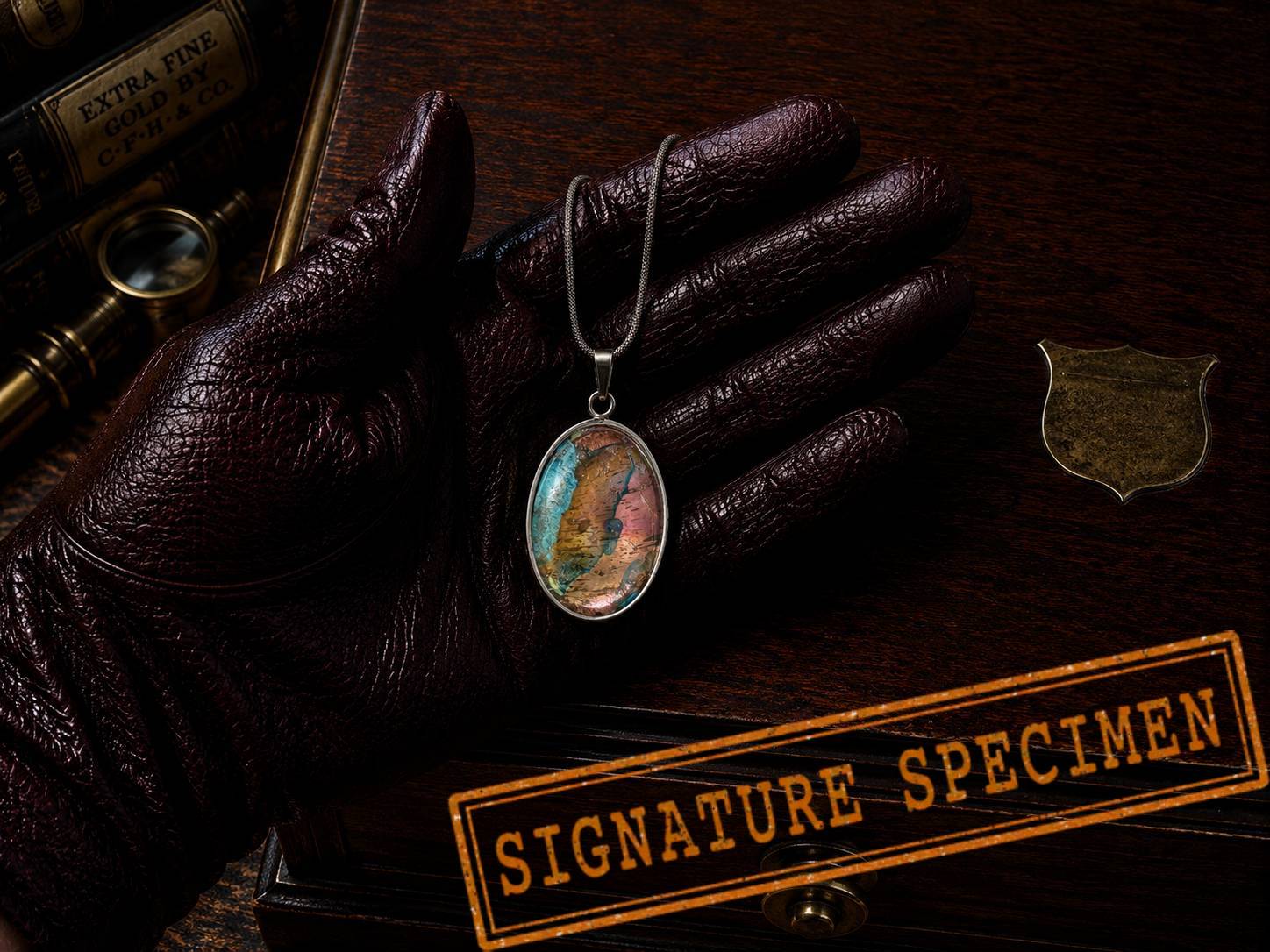 Torchbearer Twelve Specimen Nine wearable copper specimen pendant featuring layered verdigris blues and copper-gold striations reminiscent of an ancient geological map.