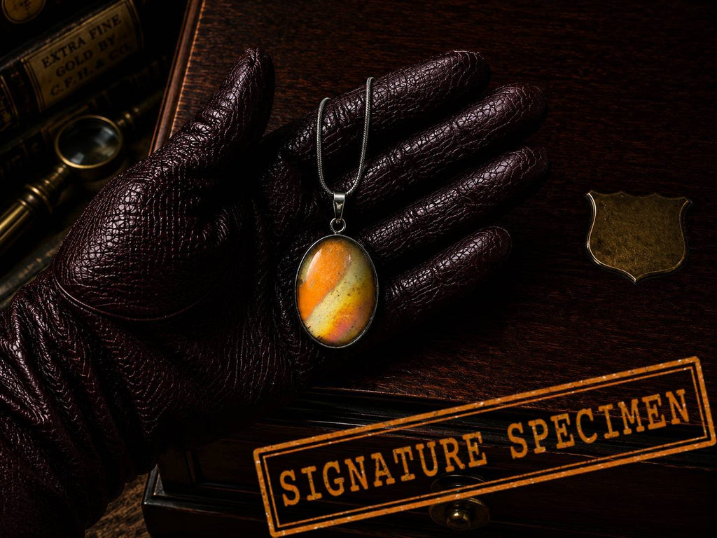Torchbearer Twelve Specimen Ten wearable copper specimen pendant displaying vivid orange, gold and iridescent copper tones that resemble a miniature solar flare preserved beneath glass.