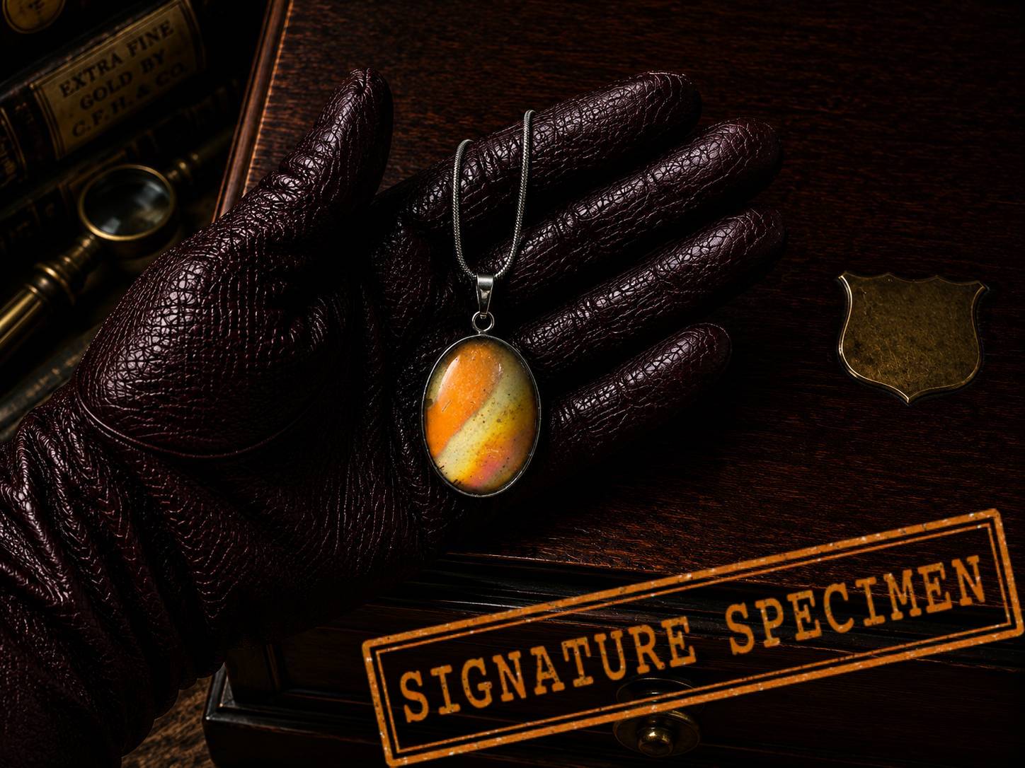 Torchbearer Twelve Specimen Ten wearable copper specimen pendant displaying vivid orange, gold and iridescent copper tones that resemble a miniature solar flare preserved beneath glass.