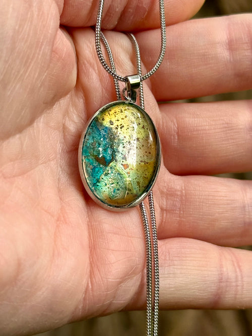Torchbearer Twelve Specimen Five wearable copper specimen pendant featuring luminous verdigris blues, pale mineral greens and weathered yellow copper tones formed through natural transformation.