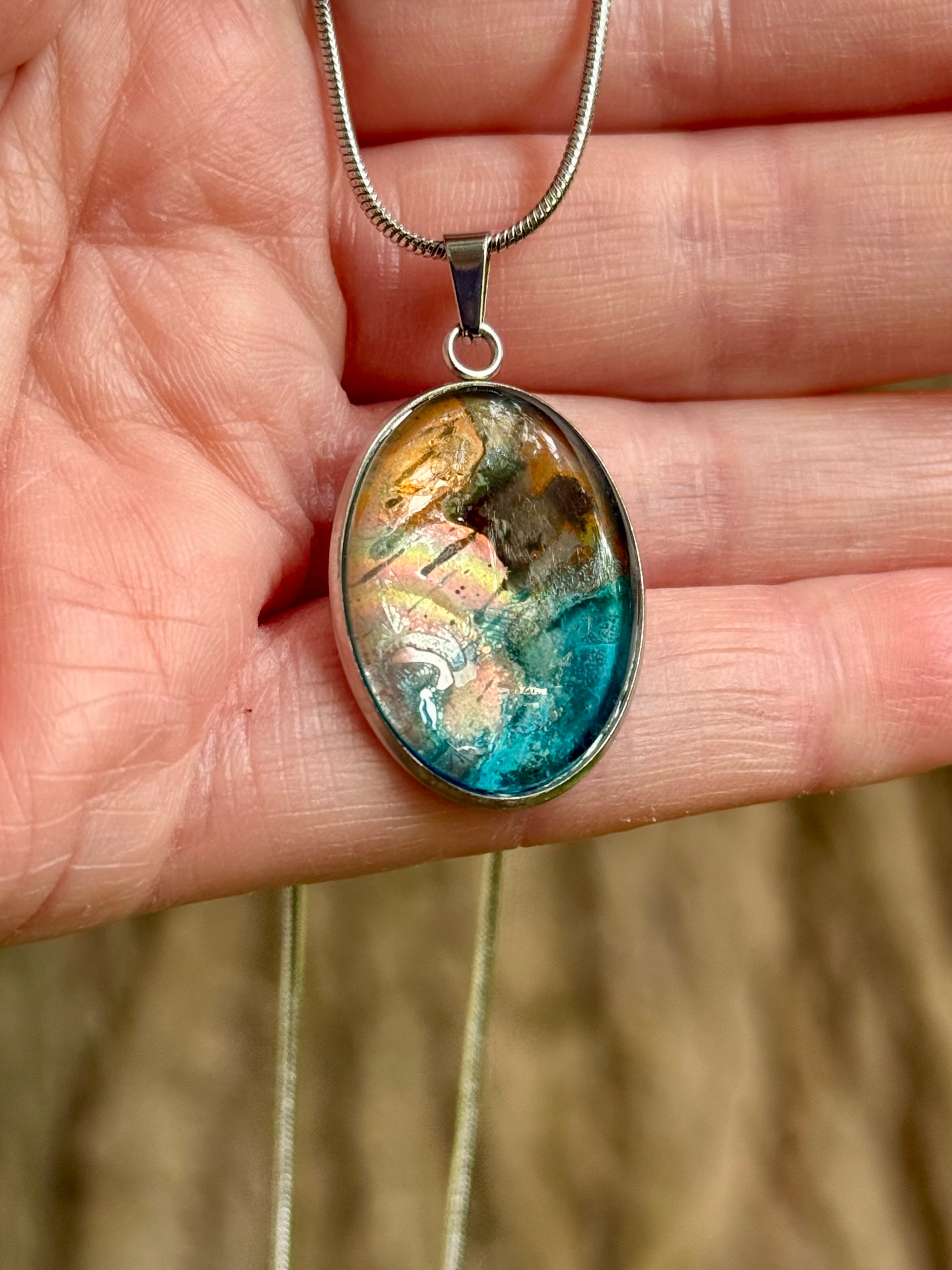 Torchbearer Twelve Specimen Seven wearable copper specimen pendant featuring flowing turquoise, cream and copper formations suggestive of an abstract seascape shaped by time and transformation.