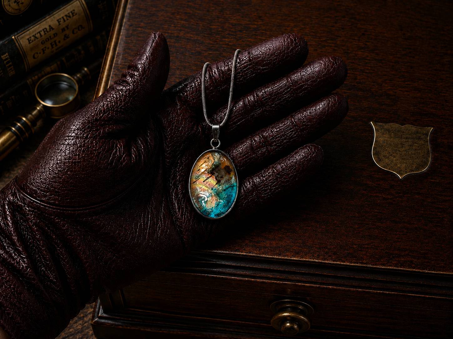 Fragmented Tide one of a kind copper pendant with turquoise verdigris and gold copper tones from The Torchbearer Twelve collection