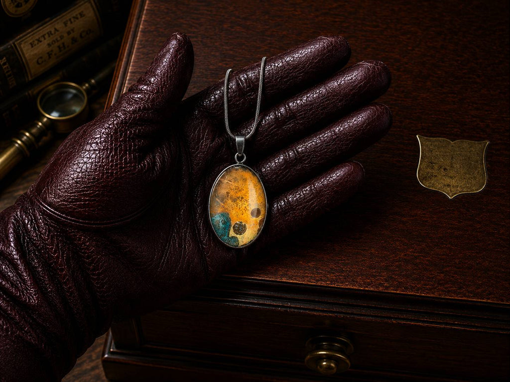 Leather-gloved hand holding The Torchbearer Twelve Specimen Eleven, a one-of-a-kind wearable copper pendant necklace with turquoise verdigris, copper-red tones and abstract planetary formations.