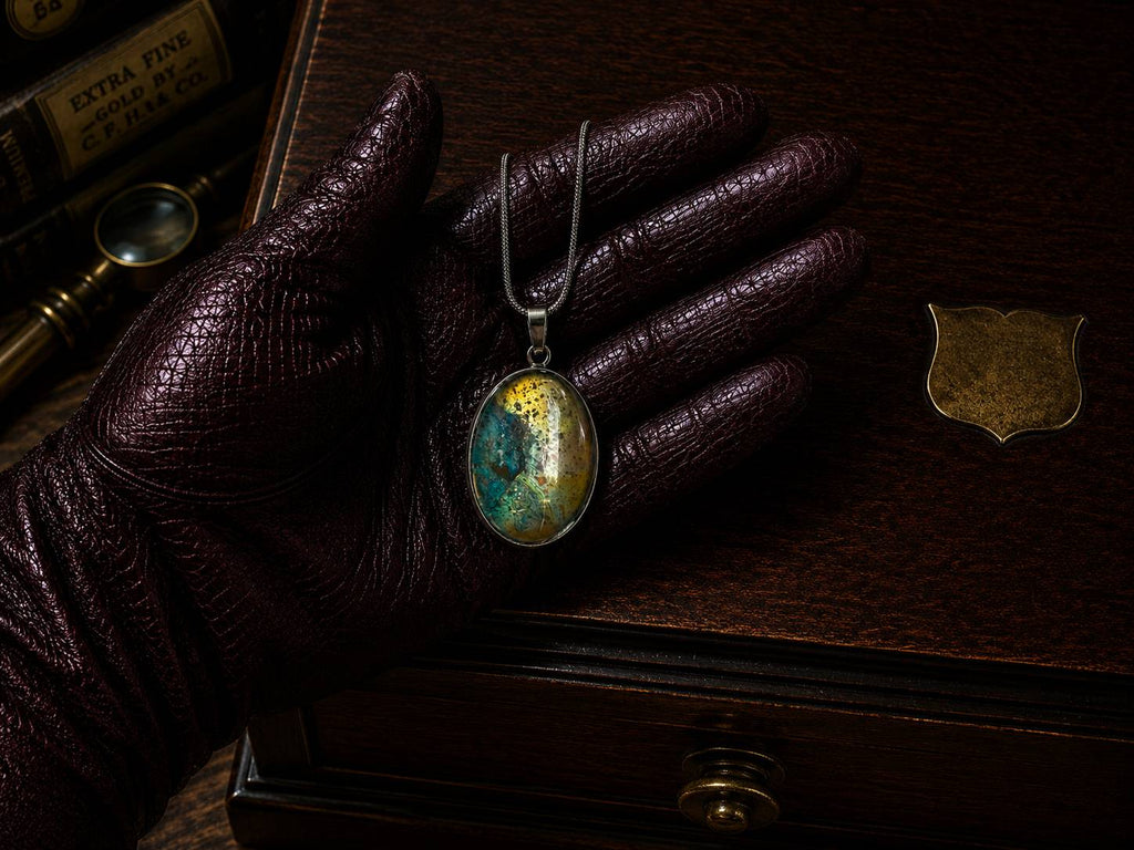 Leather-gloved hand holding The Torchbearer Twelve Specimen Five, a one-of-a-kind wearable copper pendant necklace with turquoise verdigris, copper-gold tones and abstract geological patterns.