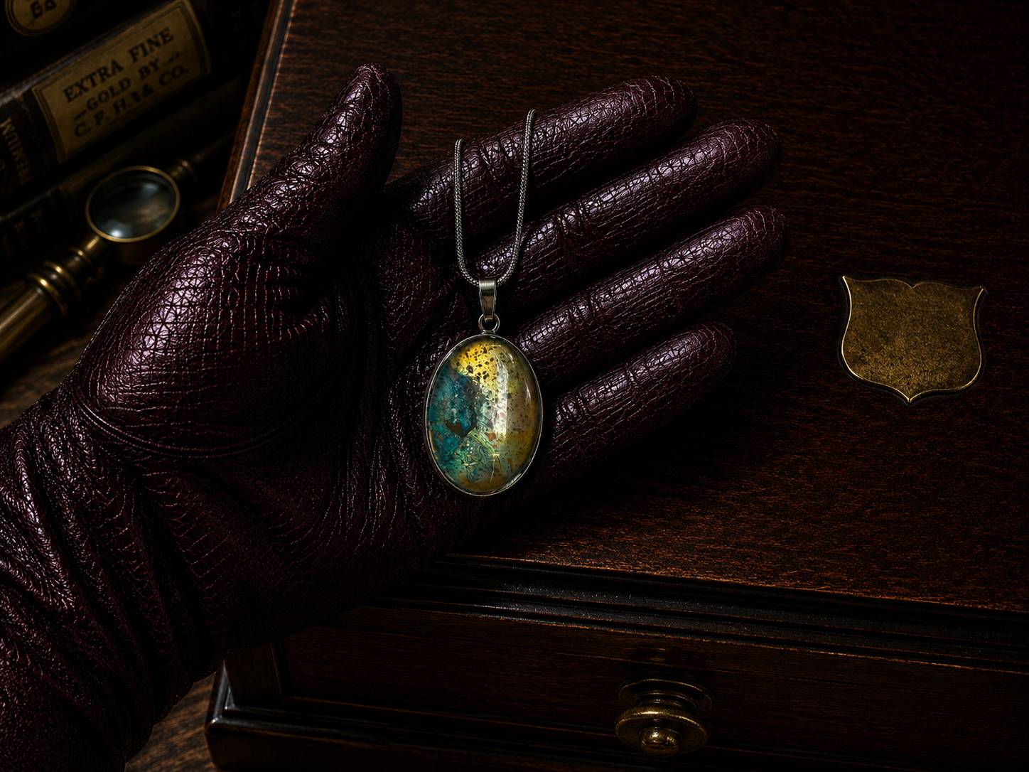 Leather-gloved hand holding The Torchbearer Twelve Specimen Five, a one-of-a-kind wearable copper pendant necklace with turquoise verdigris, copper-gold tones and abstract geological patterns.