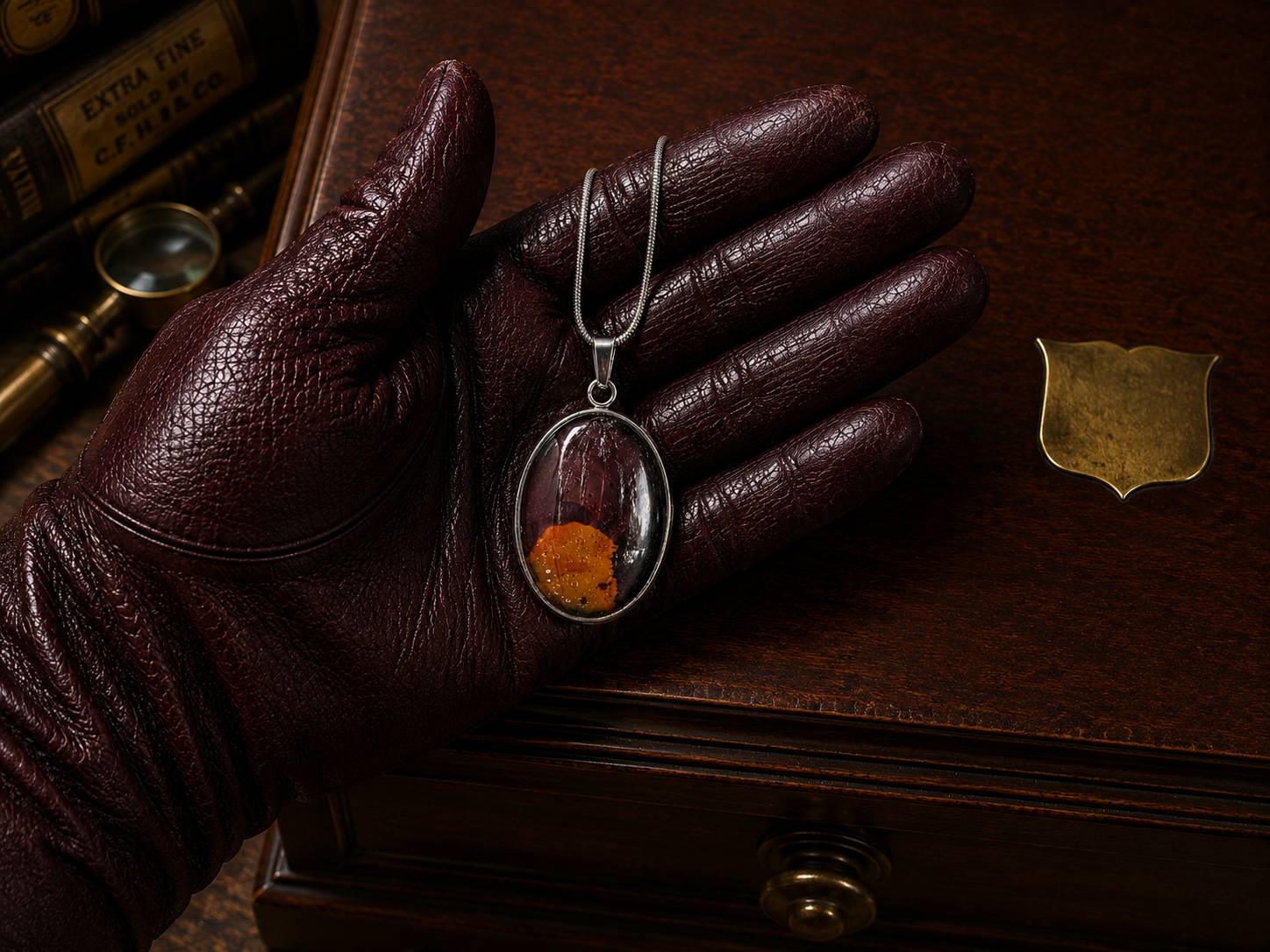 Leather-gloved hand holding The Torchbearer Twelve Specimen Two, a one-of-a-kind wearable copper pendant necklace with turquoise verdigris, amber copper tones and organic mineral patterns.