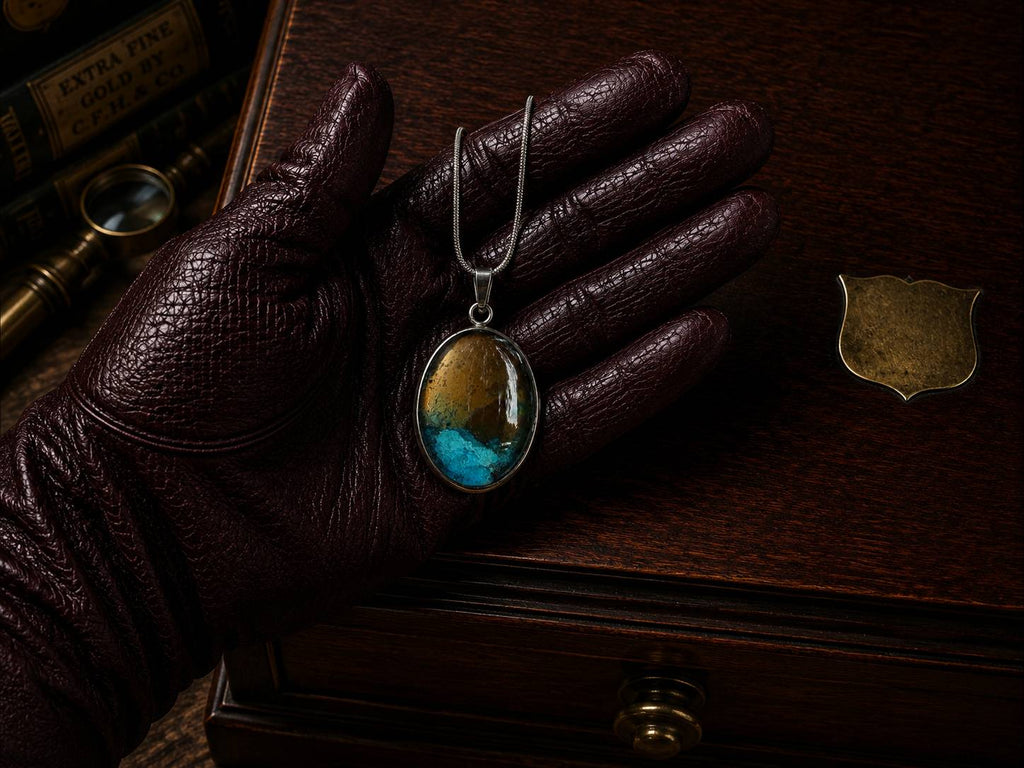 Leather-gloved hand holding The Torchbearer Twelve Specimen One, a one-of-a-kind wearable copper pendant necklace with turquoise verdigris, bronze copper tones and landscape-like formations.