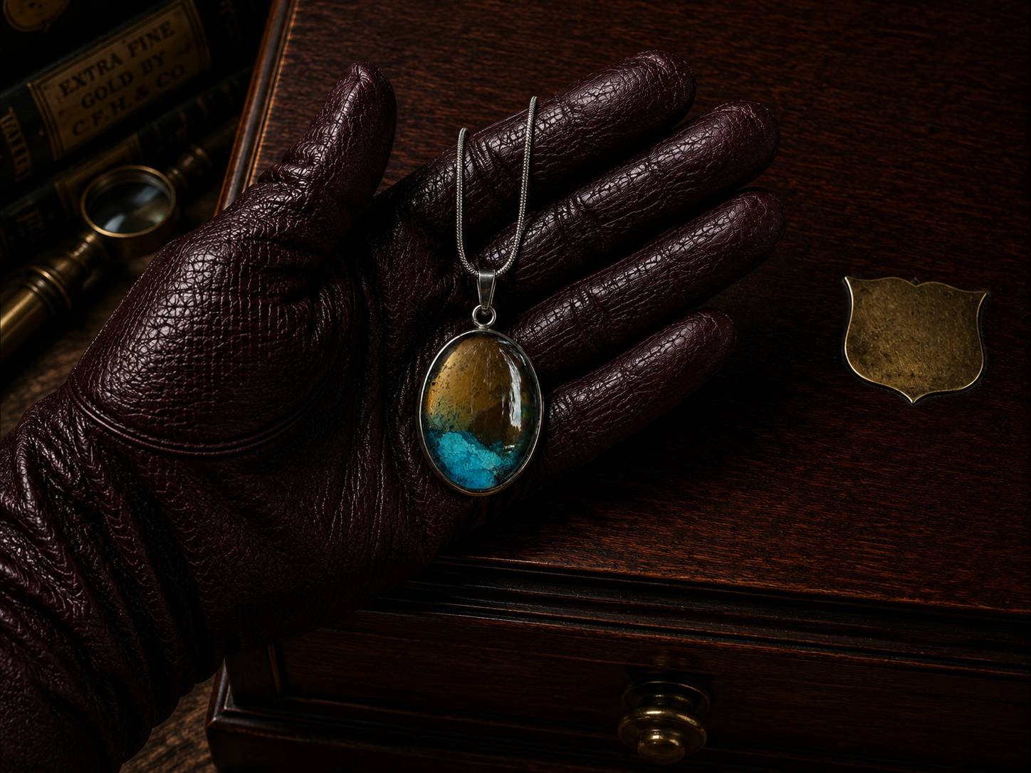 Leather-gloved hand holding The Torchbearer Twelve Specimen One, a one-of-a-kind wearable copper pendant necklace with turquoise verdigris, bronze copper tones and landscape-like formations.