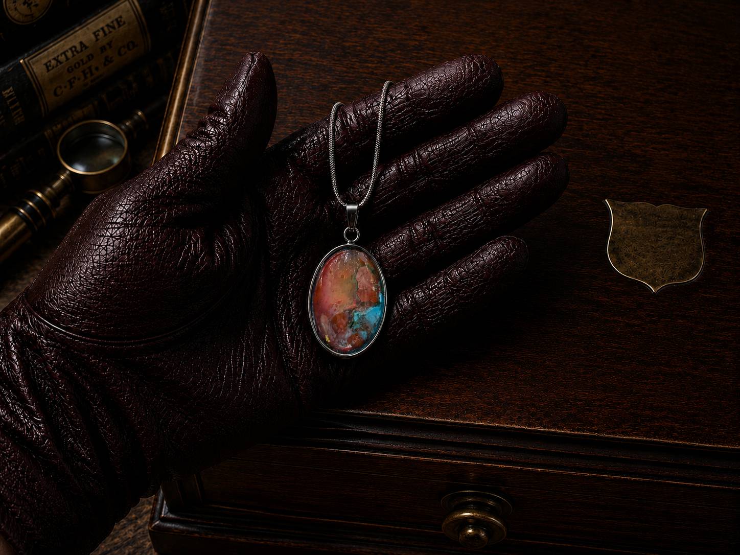 Leather-gloved hand holding The Torchbearer Twelve Specimen Six, a one-of-a-kind wearable copper pendant necklace with turquoise verdigris, bronze copper and mineral-like formations.