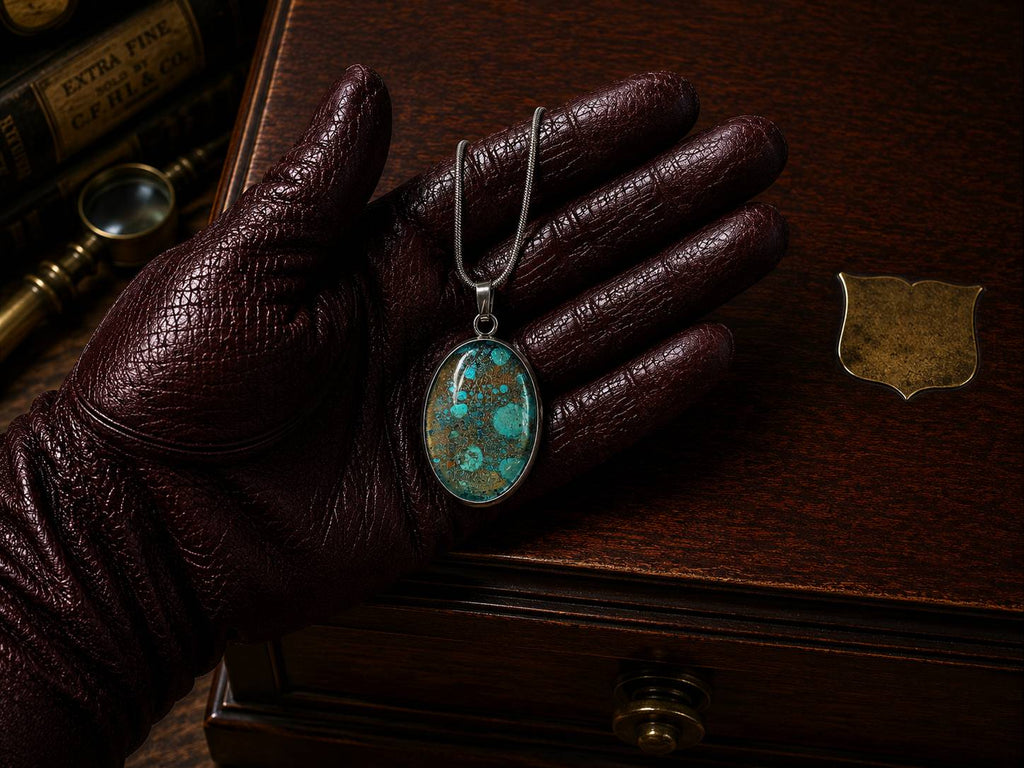 Leather-gloved hand holding The Torchbearer Twelve Specimen Three, a one-of-a-kind wearable copper pendant necklace with turquoise verdigris and ocean-blue copper formations.
