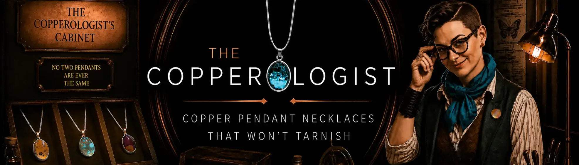 The Copperologist displaying unique copper pendant necklaces handmade in the UK and sealed beneath glass so they won’t tarnish
